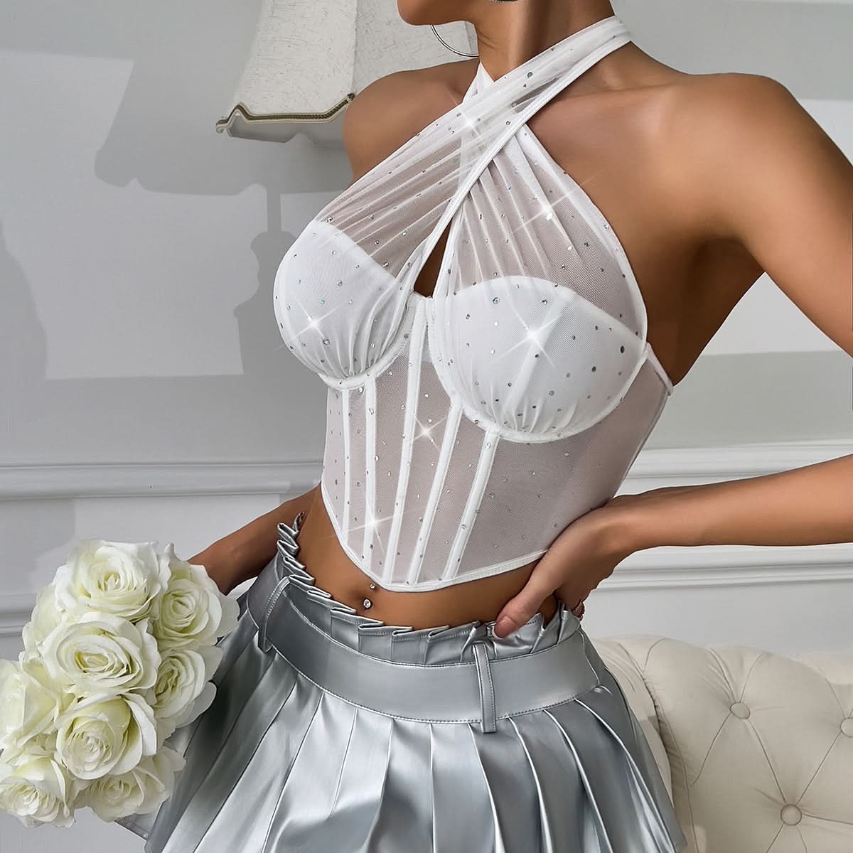 Dazzling Red Rhinestone Halter Corset Top - Glam Up Your Fall & Holiday Nights