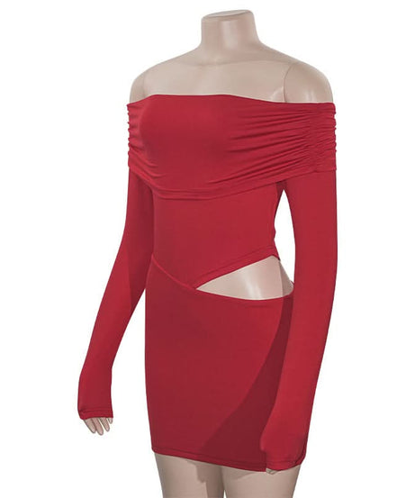 Sultry Red Off-Shoulder Cut-Out Mini Dress | Long Sleeve Fall & Holiday Party Ready