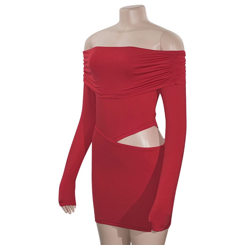 Sultry Red Off-Shoulder Cut-Out Mini Dress | Long Sleeve Fall & Holiday Party Ready