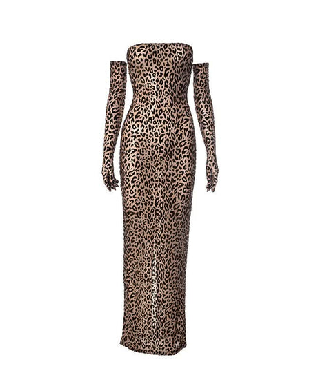 Fierce Leopard Print Strapless Maxi Dress with Integrated Gloves – Your Ultimate Fall & Holiday Party Statement