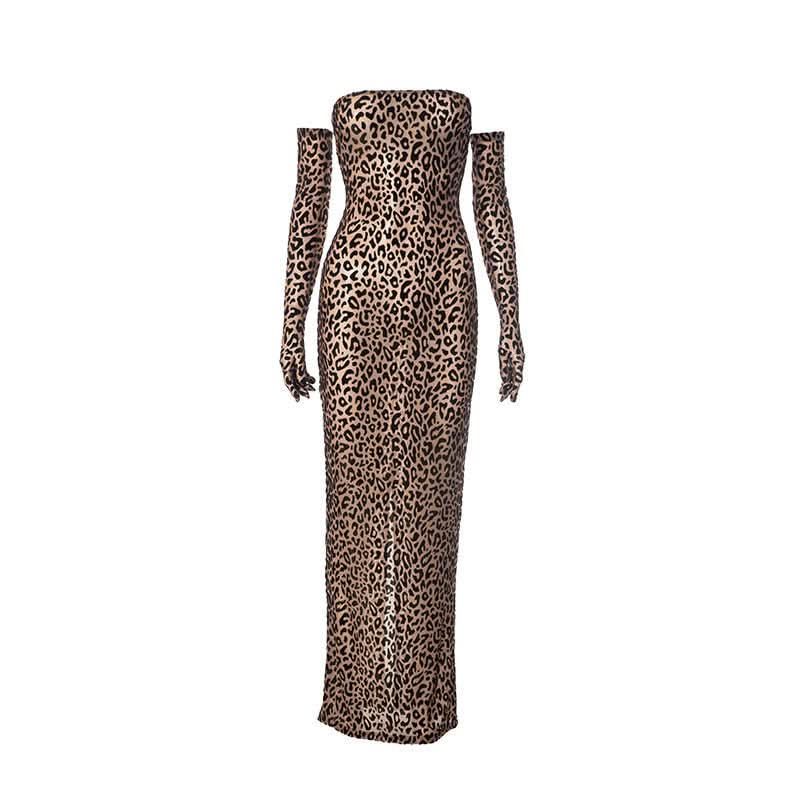 Fierce Leopard Print Strapless Maxi Dress with Integrated Gloves – Your Ultimate Fall & Holiday Party Statement