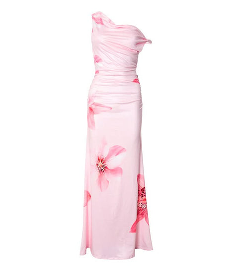 Show-Stopping Pink Floral One-Shoulder Maxi Dress - Elegant Ruched Gown for Resort & Holiday Getaways