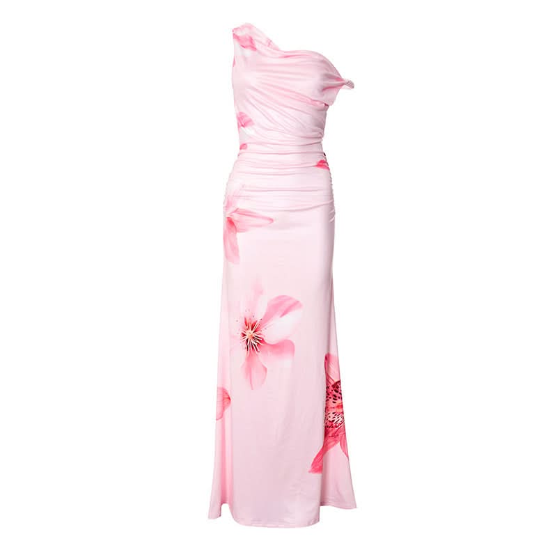 Show-Stopping Pink Floral One-Shoulder Maxi Dress - Elegant Ruched Gown for Resort & Holiday Getaways