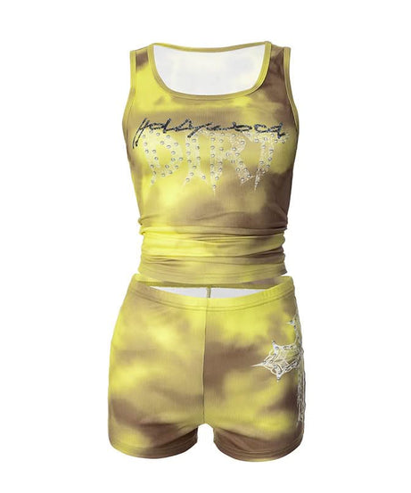 Effortless Y2K Tie-Dye Ribbed 'Addicted' Tank & Shorts Set - Rhinestone Embellished Loungewear for Fall
