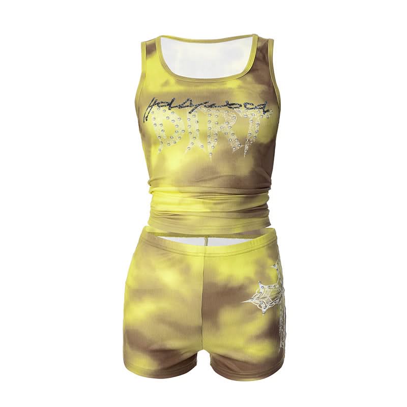 Effortless Y2K Tie-Dye Ribbed 'Addicted' Tank & Shorts Set - Rhinestone Embellished Loungewear for Fall