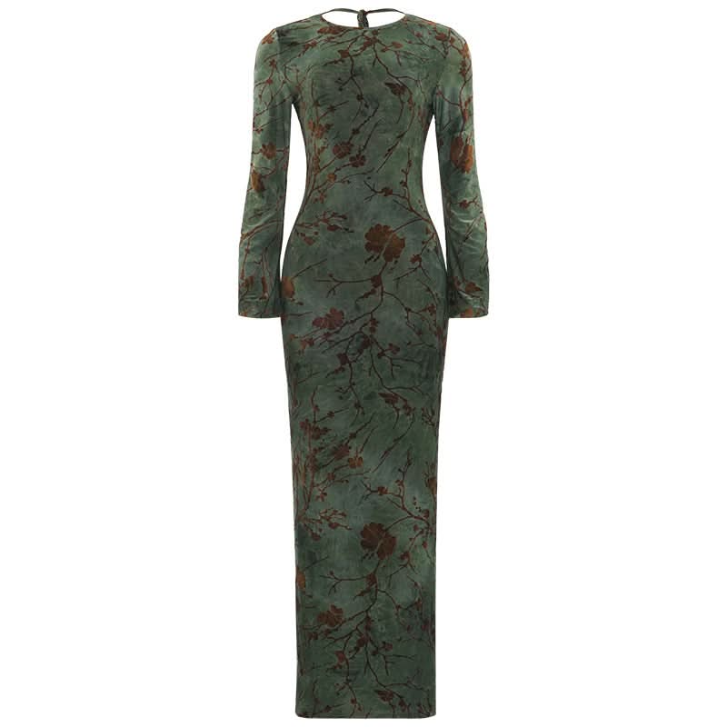 Enchanting Autumn Bloom Velvet Maxi Dress – Elegant Long Sleeve Backless Tie Gown