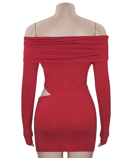 Sultry Red Off-Shoulder Cut-Out Mini Dress | Long Sleeve Fall & Holiday Party Ready