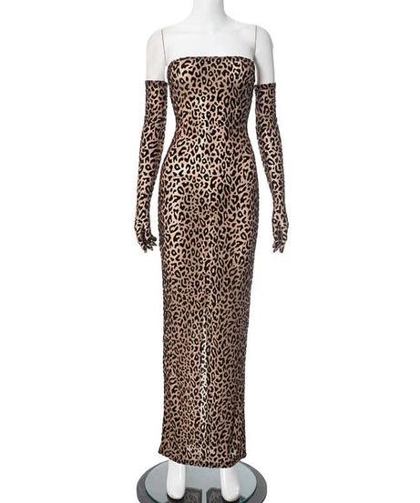 Fierce Leopard Print Strapless Maxi Dress with Integrated Gloves – Your Ultimate Fall & Holiday Party Statement