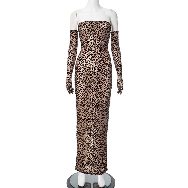 Fierce Leopard Print Strapless Maxi Dress with Integrated Gloves – Your Ultimate Fall & Holiday Party Statement