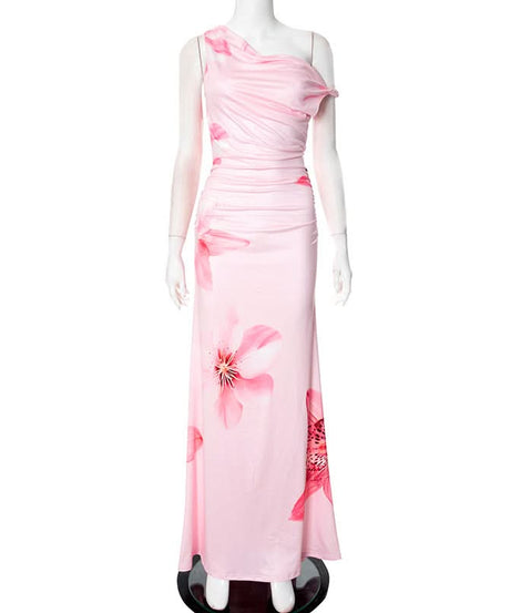Show-Stopping Pink Floral One-Shoulder Maxi Dress - Elegant Ruched Gown for Resort & Holiday Getaways