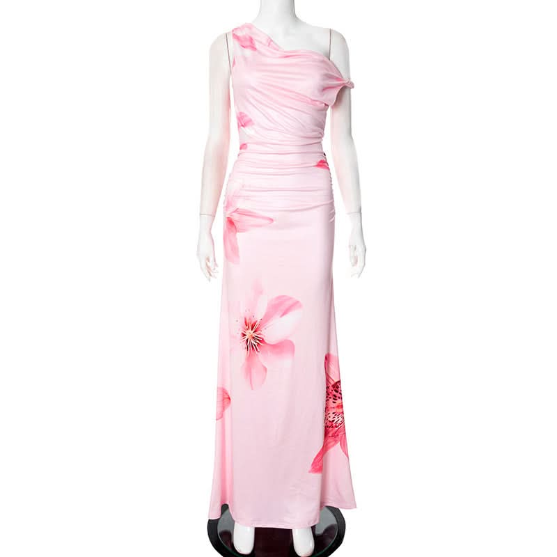 Show-Stopping Pink Floral One-Shoulder Maxi Dress - Elegant Ruched Gown for Resort & Holiday Getaways