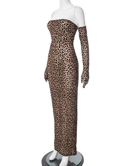 Fierce Leopard Print Strapless Maxi Dress with Integrated Gloves – Your Ultimate Fall & Holiday Party Statement