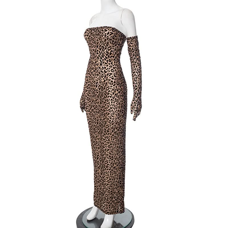 Fierce Leopard Print Strapless Maxi Dress with Integrated Gloves – Your Ultimate Fall & Holiday Party Statement