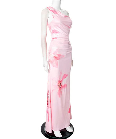Show-Stopping Pink Floral One-Shoulder Maxi Dress - Elegant Ruched Gown for Resort & Holiday Getaways