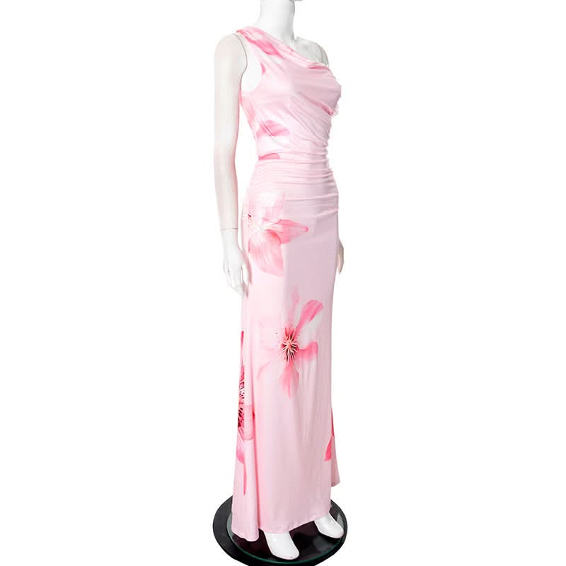 Show-Stopping Pink Floral One-Shoulder Maxi Dress - Elegant Ruched Gown for Resort & Holiday Getaways