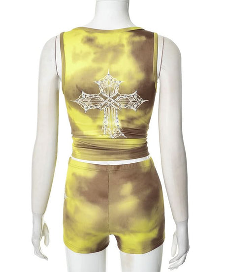 Effortless Y2K Tie-Dye Ribbed 'Addicted' Tank & Shorts Set - Rhinestone Embellished Loungewear for Fall