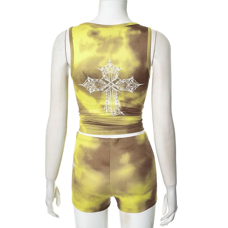 Effortless Y2K Tie-Dye Ribbed 'Addicted' Tank & Shorts Set - Rhinestone Embellished Loungewear for Fall