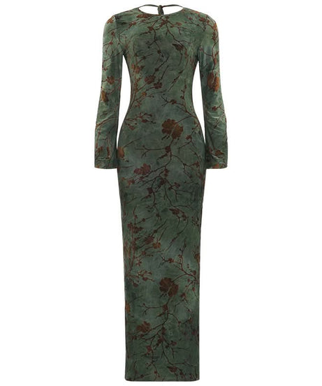 Enchanting Autumn Bloom Velvet Maxi Dress – Elegant Long Sleeve Backless Tie Gown