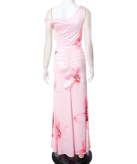 Show-Stopping Pink Floral One-Shoulder Maxi Dress - Elegant Ruched Gown for Resort & Holiday Getaways