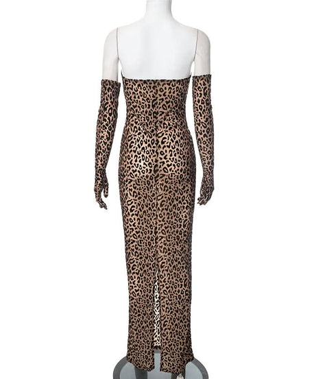Fierce Leopard Print Strapless Maxi Dress with Integrated Gloves – Your Ultimate Fall & Holiday Party Statement