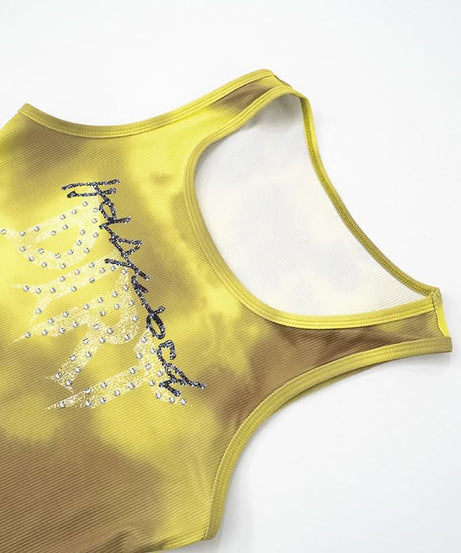 Effortless Y2K Tie-Dye Ribbed 'Addicted' Tank & Shorts Set - Rhinestone Embellished Loungewear for Fall