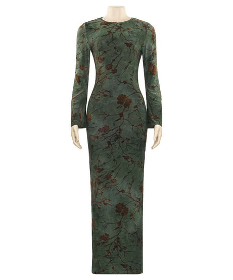 Enchanting Autumn Bloom Velvet Maxi Dress – Elegant Long Sleeve Backless Tie Gown