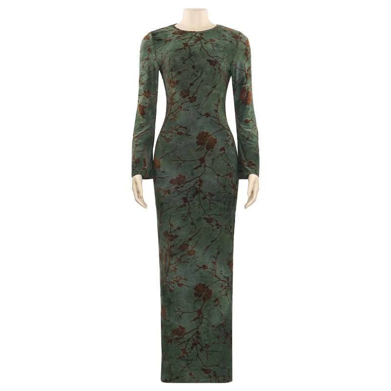 Enchanting Autumn Bloom Velvet Maxi Dress – Elegant Long Sleeve Backless Tie Gown