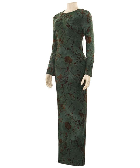 Enchanting Autumn Bloom Velvet Maxi Dress – Elegant Long Sleeve Backless Tie Gown