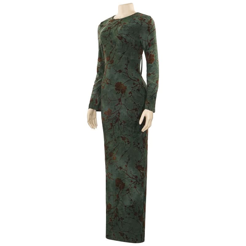 Enchanting Autumn Bloom Velvet Maxi Dress – Elegant Long Sleeve Backless Tie Gown