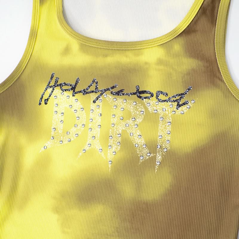 Effortless Y2K Tie-Dye Ribbed 'Addicted' Tank & Shorts Set - Rhinestone Embellished Loungewear for Fall