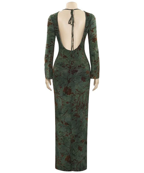 Enchanting Autumn Bloom Velvet Maxi Dress – Elegant Long Sleeve Backless Tie Gown