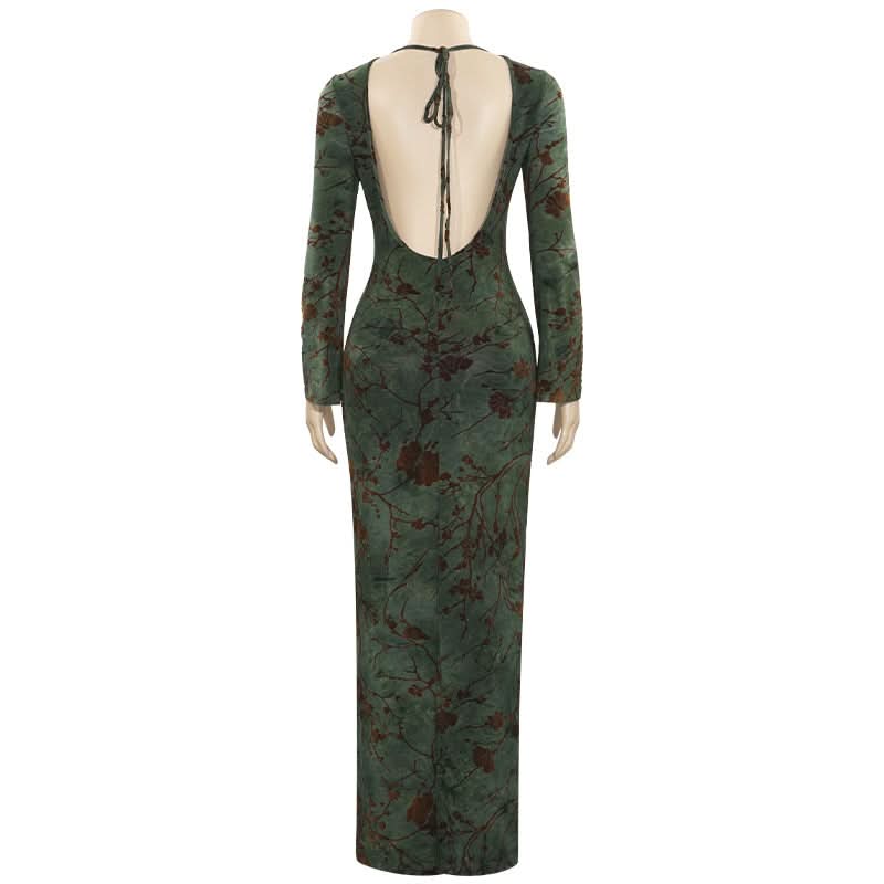 Enchanting Autumn Bloom Velvet Maxi Dress – Elegant Long Sleeve Backless Tie Gown