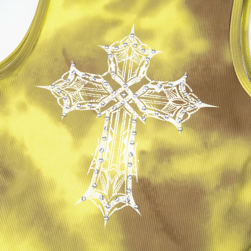 Effortless Y2K Tie-Dye Ribbed 'Addicted' Tank & Shorts Set - Rhinestone Embellished Loungewear for Fall