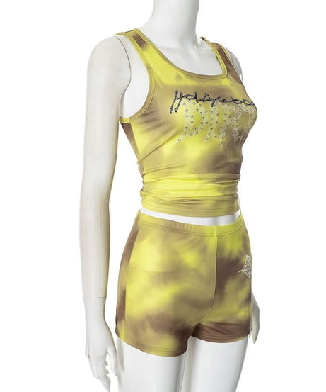 Effortless Y2K Tie-Dye Ribbed 'Addicted' Tank & Shorts Set - Rhinestone Embellished Loungewear for Fall