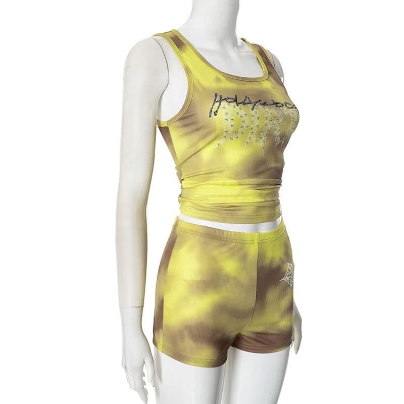 Effortless Y2K Tie-Dye Ribbed 'Addicted' Tank & Shorts Set - Rhinestone Embellished Loungewear for Fall