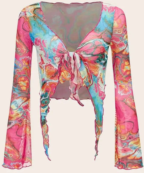 Vibrant Psychedelic Mesh Tie-Front Bell Sleeve Crop Top - Fall's Bold Statement