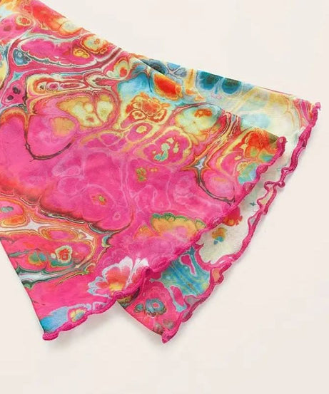 Vibrant Psychedelic Mesh Tie-Front Bell Sleeve Crop Top - Fall's Bold Statement