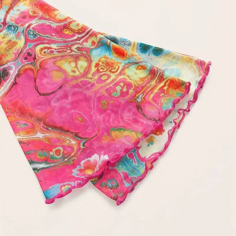 Vibrant Psychedelic Mesh Tie-Front Bell Sleeve Crop Top - Fall's Bold Statement