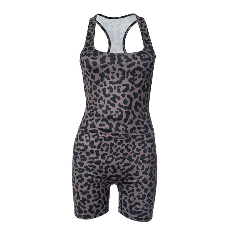 Fierce Fall Style: Women's Leopard Print Square Neck Tank & Biker Shorts Athleisure Set
