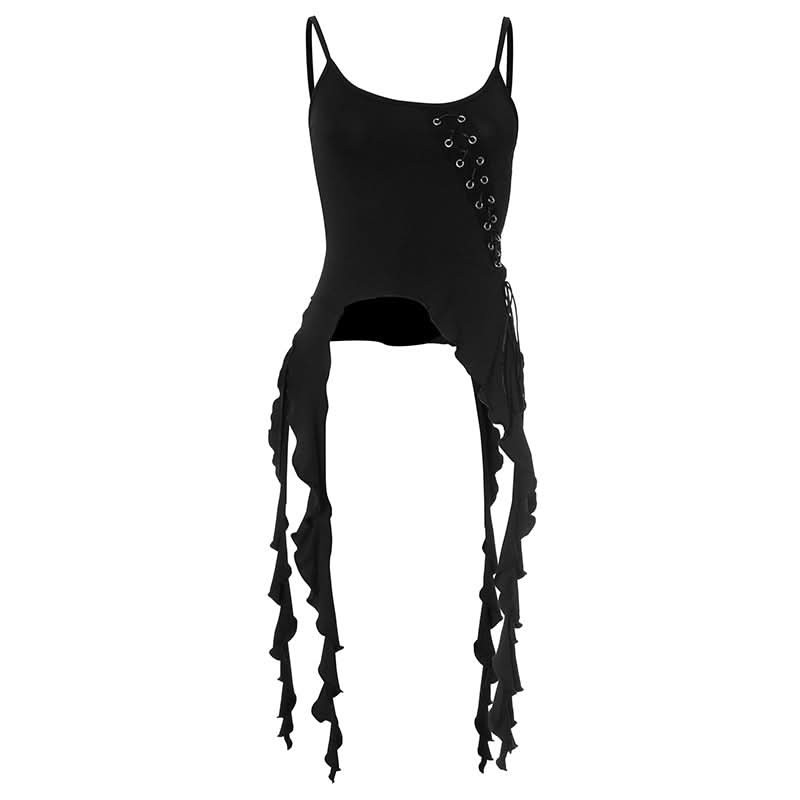 Dark Enchantress Asymmetrical Ruffle Cami Top - Edgy Lace-Up Tank for Fall & Halloween