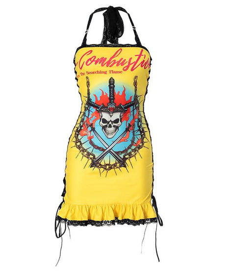 Edgy Y2K Skull & Flame Halter Mini Dress - Halloween Party Ready!