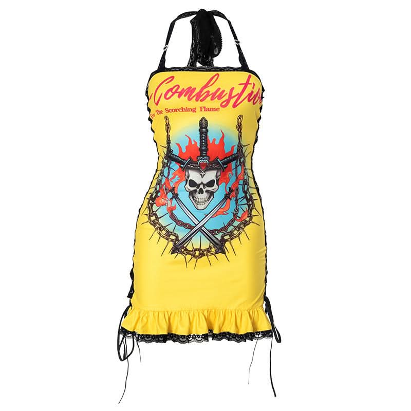 Edgy Y2K Skull & Flame Halter Mini Dress - Halloween Party Ready!
