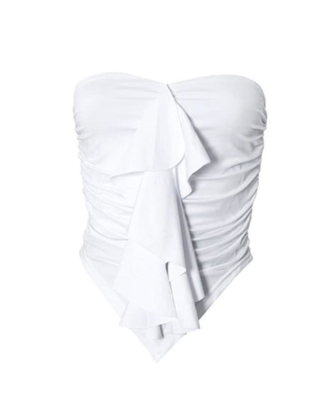 Chic White Ruffle Ruched Strapless Top - Fall Party & Layering Essential