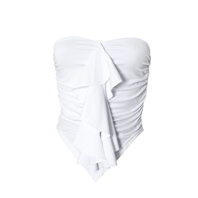 Chic White Ruffle Ruched Strapless Top - Fall Party & Layering Essential