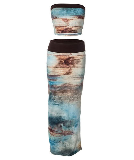 Artistic Abstract Print Tube Top & Maxi Skirt Set - Effortless Boho Chic for Fall & Resort