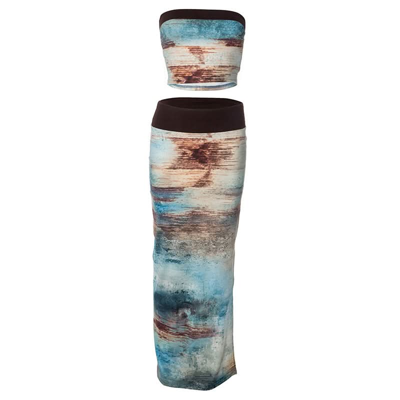 Artistic Abstract Print Tube Top & Maxi Skirt Set - Effortless Boho Chic for Fall & Resort