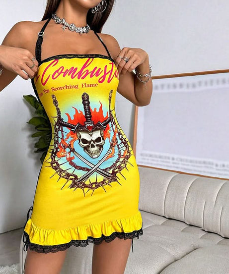 Edgy Y2K Skull & Flame Halter Mini Dress - Halloween Party Ready!