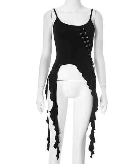 Dark Enchantress Asymmetrical Ruffle Cami Top - Edgy Lace-Up Tank for Fall & Halloween