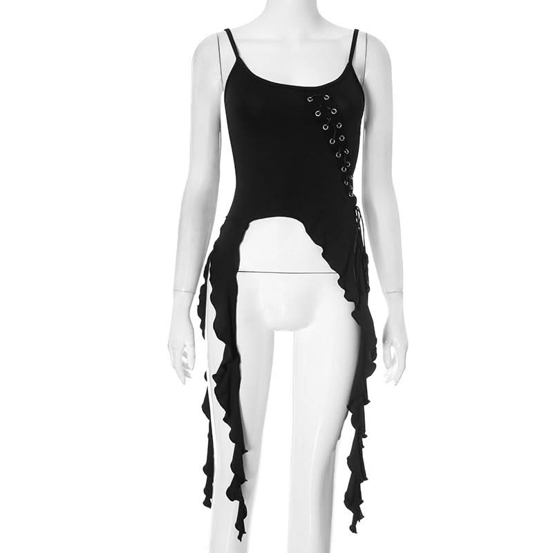 Dark Enchantress Asymmetrical Ruffle Cami Top - Edgy Lace-Up Tank for Fall & Halloween