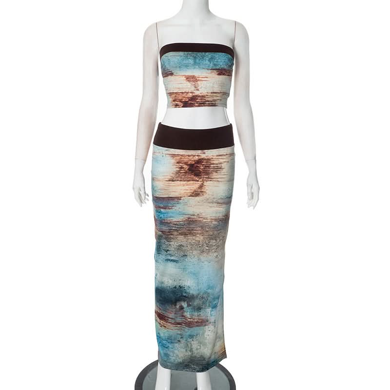 Artistic Abstract Print Tube Top & Maxi Skirt Set - Effortless Boho Chic for Fall & Resort